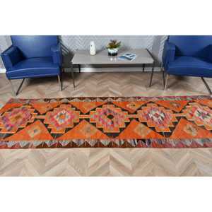 Tapis turc vintage, tapis de couloir 3x9,4 pieds, tapis persan Kilim orange - Product Image 3