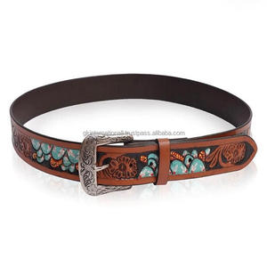 Owhide-Cinturón de cuero tallado a mano para hombre, cinturón de herramientas con hebilla floral plateada, diseño floral colorido - Product Image 1