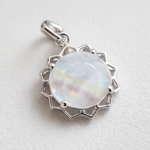 Handmade Minimalist Sterling Silver Rhodium Plated 12mm <b>Moonstone</b> Round Flower Classic <b>Pendant</b> Unisex Fine Jewelry Gift - Product Image 6