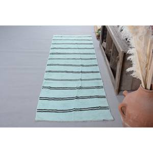 Tapis turc vintage moderne 2.8x9,7 pieds bleu noir Patchwork Design fait main en laine avec support en latex pour salon ou chambre à coucher - Product Image 2