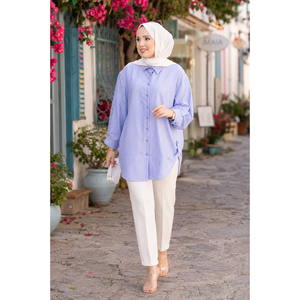 Camisa de Algodón Popelín a Rayas con Botones para Mujer, Estilo Casual Diario, Diseño Simple, Estampado Tejido Índigo, Tallas XS-XL - Product Image 1