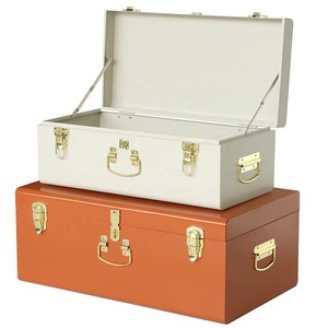 Set of 2 Decorative Metal <b>Storage</b> Trunks with Hardware Hasps Beige and Orange Keepsake <b>Chests</b> for Home Decor - Product Image 1
