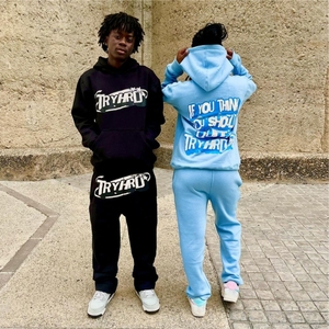 Fabricante de ropa Lavado con ácido Parche bordado desgastado Sudadera Pantalones de chándal acampanados y conjuntos de Sudadera con capucha recortada - Product Image 6