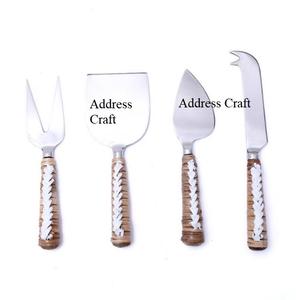 Vente directe d'usine ensemble de couteaux à fromage d'acacia avec poignée en osier ustensiles de cuisine avec couteau à beurre fourchette épandeur couverts en rotin - Product Image 5