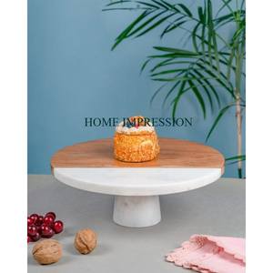 Mesa de postre redonda hecha a mano rústica de excelente calidad, soporte de pastel de mármol blanco y madera de Acacia con soporte de exhibición de Base de madera - Product Image 6