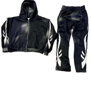 Fabricants de vêtements ensemble d'impression Dtg en détresse personnalisé Patchwork survêtement pour hommes lavage à l'acide fermeture éclair Vintage broderie sweats à capuche - Product Image 6