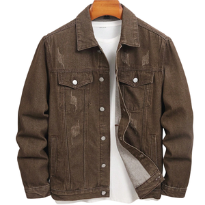 Chaqueta de Mezclilla Desgastada Marrón para Hombre, 100% Algodón, Cierre de Botones, Manga Larga, Corte Regular Informal, Transpirable, Resistente al Viento, para Invierno/Primavera - Product Image 1
