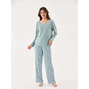 Ensemble de pyjama personnalisé haut de gamme pour la maison, confortable et relaxant, en tricot de bambou, avec dentelle, motifs géométriques et animaux de dessin animé, doux, en élasthanne, taille élastique - Product Image 6