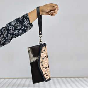 Cowhide Hand Fur On Floral Hand <b>Tooled</b> <b>Leather</b> Clutch For Women ZIP Continental Purse Clutch Western Carving Stylish Wallet - Product Image 2