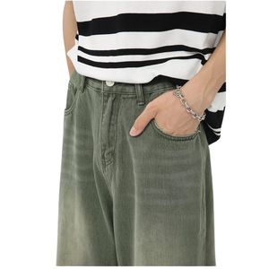 กางเกงยีนส์ทรงบูทคัทสีเทาเขียวแบบสั่งทำพิเศษ เอวกลาง ผ้าหนา สไตล์ไบค์เกอร์ สตรีทสไตล์ ขากว้าง สำหรับผู้ชาย ลดราคา - Product Image 5