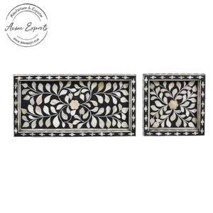 Juego de 2 bandejas de incrustaciones florales hechas a mano Diseño elegante de mármol blanco y negro Perfecto para servir o exhibir artículos - Product Image 3