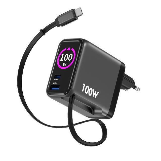 100W AI Smart GaN USB Charger with Retractable Cable and TFT Display PD3.0 PPS Fast Charging for iPhone for Xiaomi for Huawei