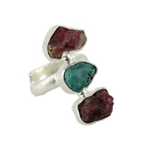 Bagues en argent sterling 925 serties de rubis rouges et de turquoise, style bohème moderne, bijoux uniques certifiés pour unisexe - Product Image 1