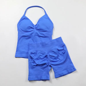 Seamless Impact Longline <b>Strappy</b> Tank <b>Top</b> Scrunch Sports Shorts Two Piece Men's Yoga Set Gym Clothes Summer Solid Embroidered - Product Image 2