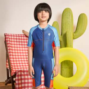 SwiftZip 0.2 One Piece Blue Neoprene Swimming Suit Boy's Rash Guard UPF50+ Quick Dry Short Sleeve for Children - Product Image 1