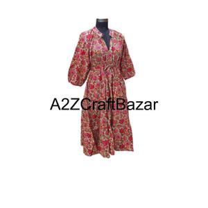 Robe mi-longue artisanale 100% coton pur, motif floral vintage, taille naturelle, écologique, respirante, confortable, pour usage quotidien - Product Image 5