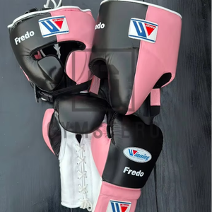 Ensemble de boxe bleu personnalisable de haute qualité en cuir de vache véritable avec fermeture à lacets, gants d'arts martiaux à doigts complets - Product Image 1