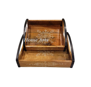 Bandeja de madera para servir té y café con asas de hierro, Juego de 2 bandejas de té y café de diferentes tamaños para uso en utensilios de cocina - Product Image 2