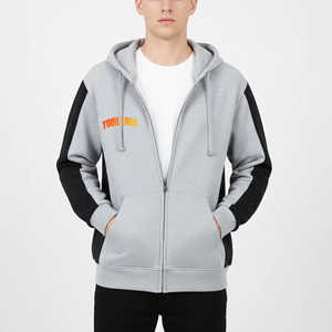 Sudadera con capucha completa para hombre, gris y negra con mangas en contraste, logotipo personalizado, ropa deportiva informal, chaqueta atlética para gimnasio, top de fitness y ropa deportiva. - Product Image 6