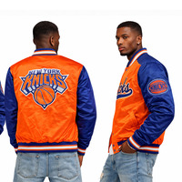 Dernière veste de baseball sportive, équipes orange et bleue, veste avec logos brodés personnalisés, veste de baseball en satin pour hommes