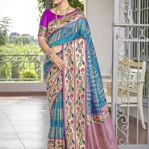 Saree stampato a mano per le donne, <span class=keywords><strong>sari</strong></span> indiano Designer con camicetta cucita, Ready to wear sare - Product Image 2