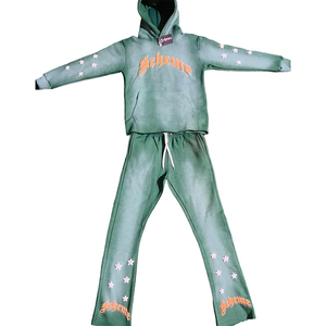 Ensemble survêtement personnalisé avec impression 3D en relief, délavage acide, ourlet brut, sweat-shirt et pantalon de survêtement évasé pour hommes et femmes - Product Image 3