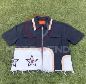 Custom Boxy Streetwear Applique Embroidery Logo Distressed Leather Vintage T-shirt <b>Zip</b> <b>up</b> <b>Polo</b> Shirt - Product Image 2