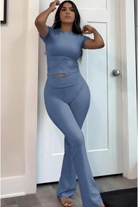 Tenues d'entraînement décontractées deux pièces pour femmes, pantalon évasé à manches courtes et taille haute, ensembles de survêtement Streetwear - Product Image 4