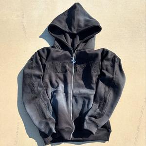 En gros personnalisé recadrée Boxy Hoodie Hommes en détresse Vintage Zip Stone Acid Sun Fade 100% coton brodé hiver polaire - Product Image 3