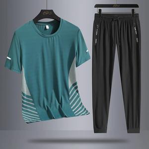 Summer round neck ice silk <b>short</b> <b>sleeved</b> T-shirt and pants sports set, quick drying, sweat absorption, and running two-piece set - Product Image 4