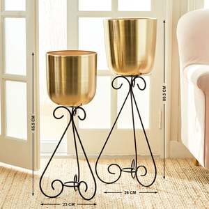 ชุดกระถางปลูกต้นไม้โลหะ2ชิ้นทำมือกระถางดอกไม้สีดำทอง - Product Image 2