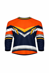 Jersey de Hockey sobre Hielo para Hombre, Rayas Azul Marino y Naranja, Manga Tres Cuartos, Cuello en V, Absorbe la Humedad, Sublimado - Product Image 3