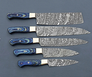 ชุดมีดทำครัวเหล็กดามัสกัส5ชิ้นใหม่ทำด้วยมือปลอกหนังแท้ประกอบด้วยเครื่องครัวเหล็กคาร์บอนสำหรับเชฟสเต็กขนมปัง - Product Image 4