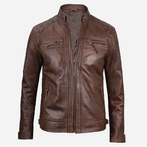 Veste de moto en cuir d'agneau véritable pour homme, col rond, fermeture éclair, crochetée, respirante, longueur standard, haut de gamme, chaude pour l'hiver - Product Image 1
