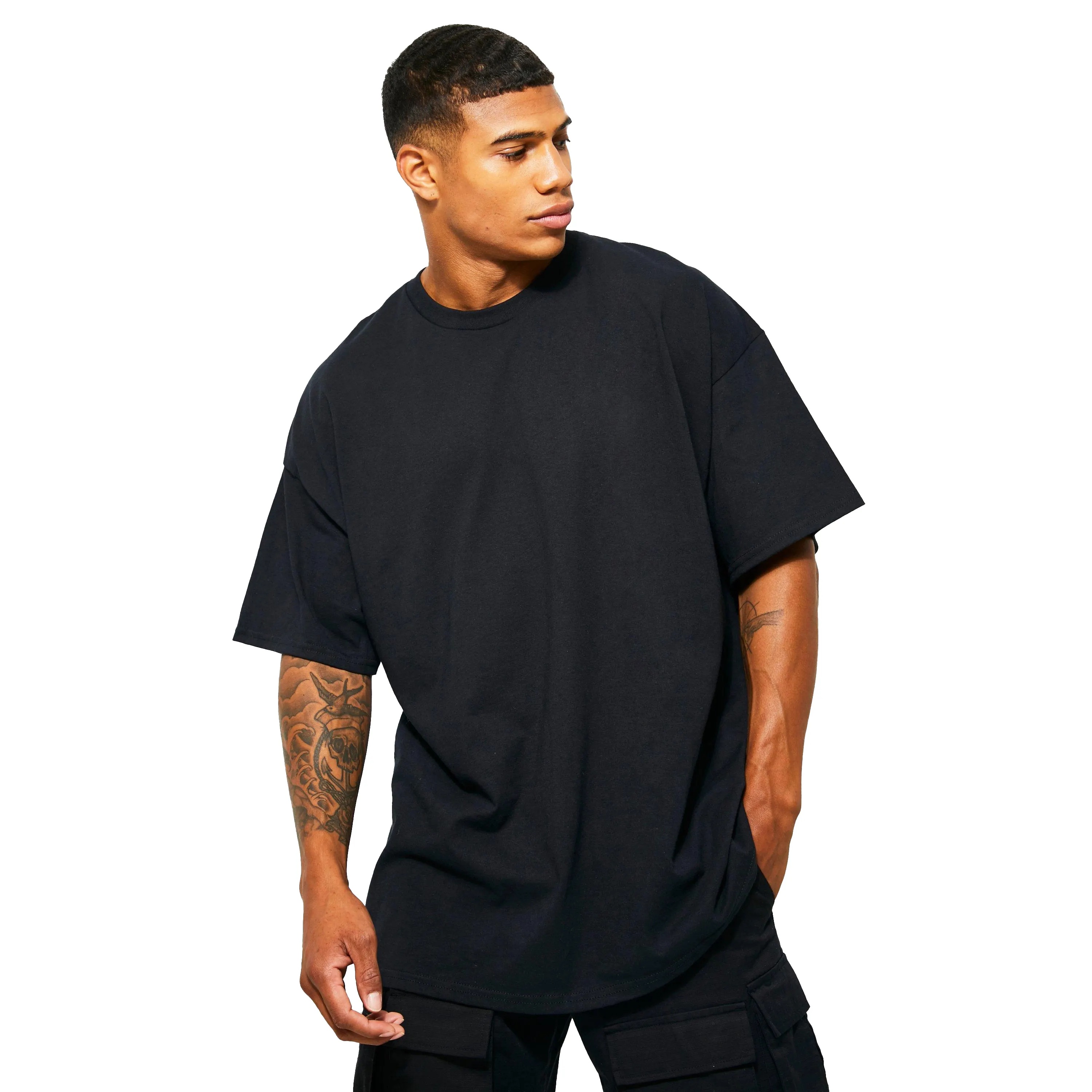 T Shirt katun berat polos kualitas tinggi gambar cetak belakang t-shirt ukuran besar bahu Drop kelas berat Logo kustom untuk pria