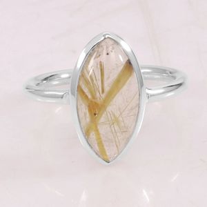 Bague classique en argent sterling 925 avec pierre précieuse taillée Marquise en quartz rutile doré pour les mariages fiançailles anniversaires fêtes - Product Image 3