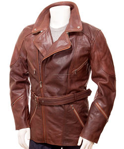 Abrigo de cuero marrón con cinturón para hombre - Product Image 1