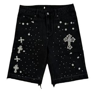 Manufacturer Custom <b>Men's</b> Streetwear Rhinestone Baggy Long shorts Oversized Acid Wash Distress 100% Cotton Denim <b>Jean</b> Shorts <b>Men</b> - Product Image 3