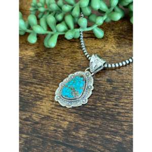 Pendentif ethnique en argent sterling 925 avec turquoise de Kingman faite à la main du sud-ouest, collier avec chaîne à perles pour femme - Product Image 4