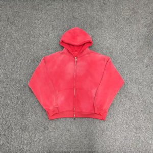 Custom Black Vintage Wash <b>Fleece</b> Hoodie <b>Jacket</b> Unisex Winter Solid 100% Cotton Boxy Style Anti-Pilling Drop Shoulder Acid Washed - Product Image 5