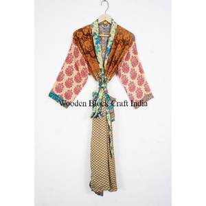 Indian Handmade Silk Floral Summer Kimono Dressing Gown Boho Chic <b>Lounge</b> Wear Womens Long Sleeve Wedding Robe - Product Image 6