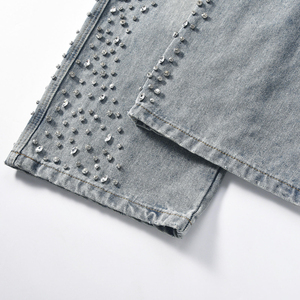 Nouveau Jean en Denim Baggy Droit pour Homme de Haute Qualité, Premium, Personnalisé, 14oz, Effet Délavé Vintage, avec Strass, Vente en Gros, Style Streetwear - Product Image 6