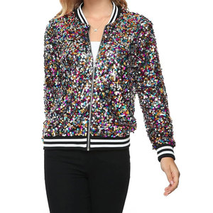 New Arrival Women's Stylish Sequin Long Sleeve Front Zip Bomber Denim Jacket Breathable <b>Knitted</b> <b>Ribbed</b> Cuffs Outerwear - Product Image 5