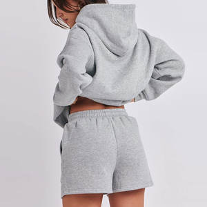 Sweat à capuche à épaules tombantes gris surdimensionné 400 GSM pour femmes avec col à capuche ensembles courts lourds pour l'hiver - Product Image 3