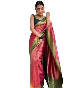 Luxo Wedding Party Wear Designer de Moda Pure Banarasi Copper Zari Tecelagem Soft Silk Saree do fabricante indiano