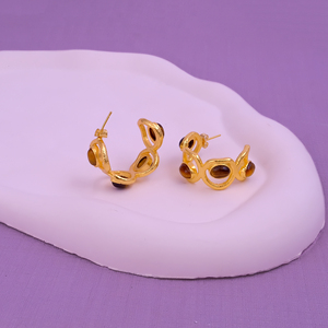 Boucles d'oreilles cabochon en laiton bohème à la mode en oeil de tigre naturel fait à la main pour femmes - Product Image 5