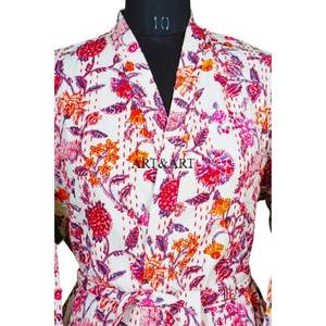 Vintage Dressing Gown Kimono HandStitch Silk Quilted Patchwork <b>Kantha</b> <b>Jacket</b> Multi Colored TieBelt Coat Winter <b>Jackets</b> for women - Product Image 4