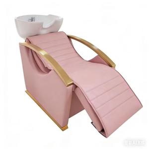 Fauteuil de lavage rose pour salon de coiffure, en cuir PU, design moderne, structure en acier inoxydable, siège rembourré, lavabo en céramique, réglable - Product Image 3