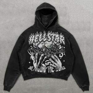 Sweat à capuche court de style urbain 'Move Silence' en coton doux imprimé graphique en détresse confortable manches courtes brodé tricoté - Product Image 4