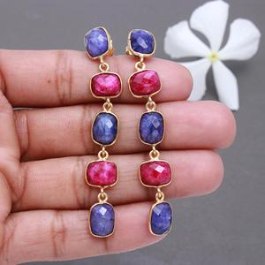 8x8mm uzun yakut safir Dangle küpe 925 ayar gümüş altın kaplama beş taş ince çok taş Dangle çiviler - Product Image 2